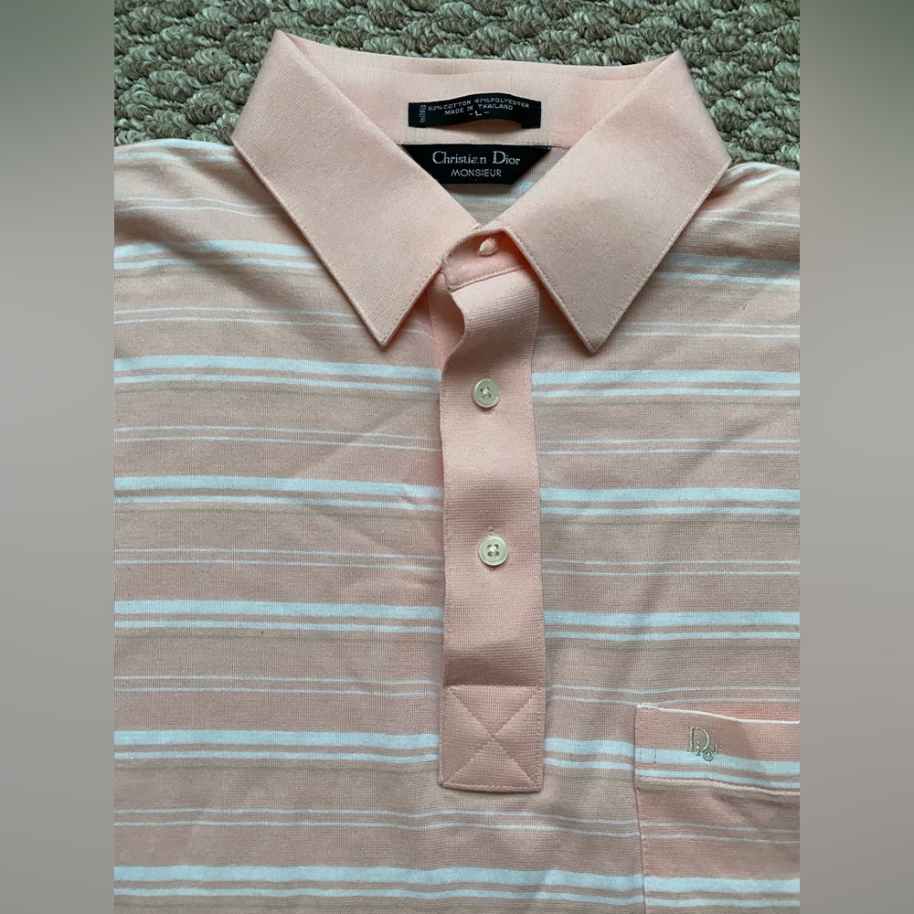 Vintage Christian Dior Monsieur Men's Large Short Sleeve Striped Pink Polo